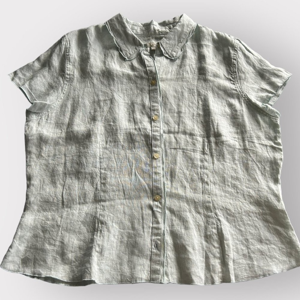 NWT J. Jill Linen Aqua Short Sleeve Button Down Top